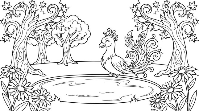 A mythical phoenix bird sitting by a pond in a forest with curly trees and flowers, black and white line for coloring book activity