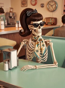 Stylish Retro Skeleton Wearing Cat Eye Sunglasses in Vintage Diner