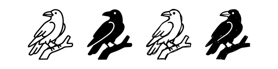 Obraz premium Black and white crow and raven icons set on a branch, featuring line art, solid silhouette, and hand-drawn sketch styles isolated on a white background.