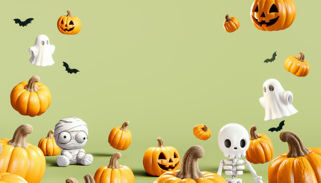 Happy Halloween greeting card design. Bunch of pumpkins and ghosts with copy space on mint green background. 3D Rendering, 3D Illustration