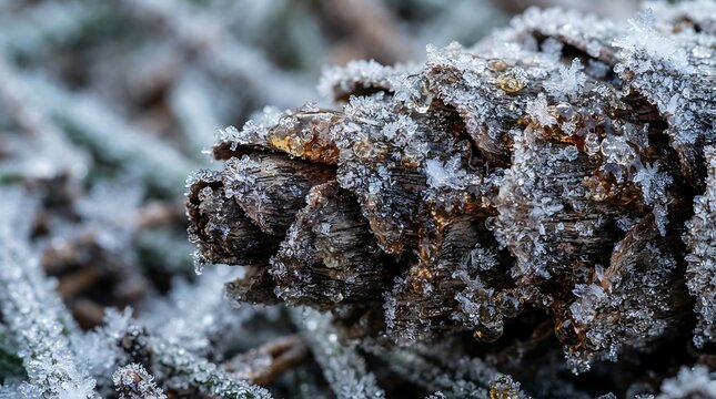 Stunning macro shot of a frozen pinecone covered in glistening ice crystals, sparkling snowflakes, and amber resin drops, creating a magical winter.