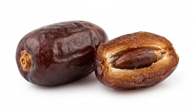 fresh sweet date fruit with pit, one whole and one halved, isolated on white background