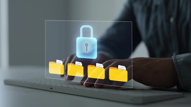 Secure file folder and document protection concept with encrypted data storage, privacy controls, and cybersecurity technology for business information security.