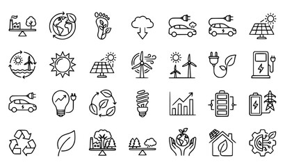 Fototapeta premium Renewable energy and ecology icons, green technology and environmental symbols vector set