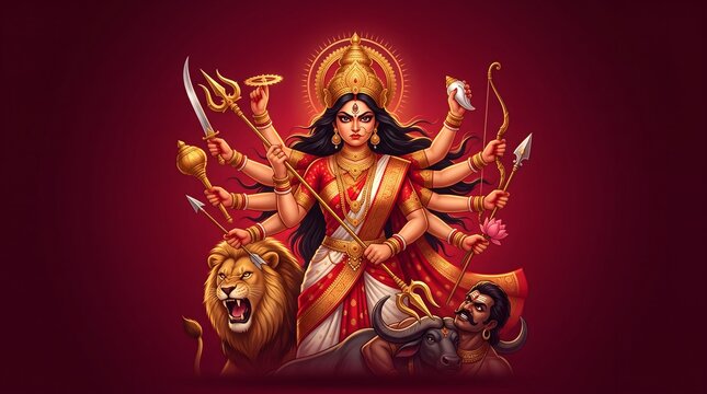 Goddess durga with lion and demon mahishasura for navratri festival celebration