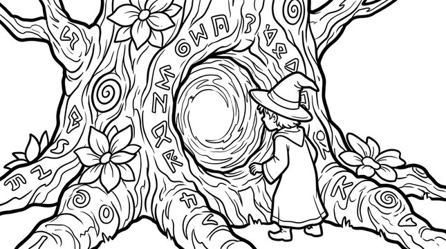 Coloring page for kids featuring a young wizard standing before a magical portal inside a large ancient tree with glowing runes and flowers
