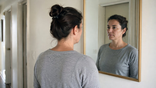 Woman looking at herself in a mirror at home with a serious expression, representing self reflection, body image, personal change, confidence, and wellbeing