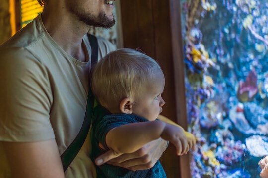 Dad carries his infant near a glowing aquarium tank, showing fatherhood, early learning, marine life discovery and family outing concept