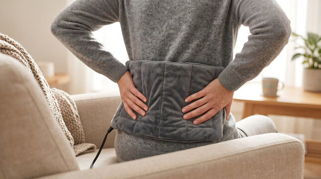 Person sitting on a couch using an electric heating pad for back pain