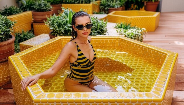 Woman in bee swimsuit relaxing in hexagonal honeycomb pool in patio