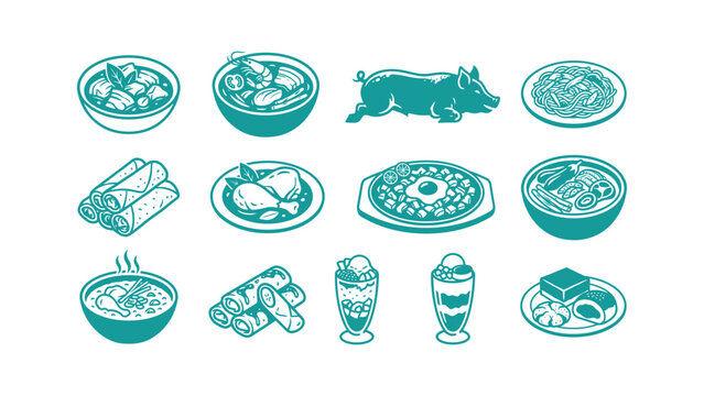 Collection of teal linocut icons representing popular Filipino cuisine such as lumpia, adobo, pancit, sisig, lechon, and halo-halo desserts isolated on a white background.