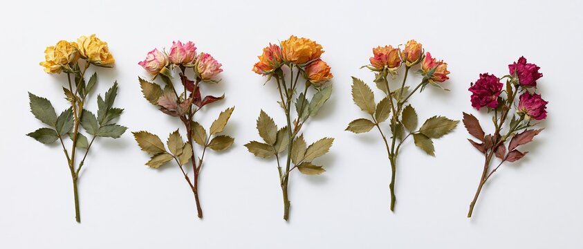 Five pressed dried miniature rose stems arranged in a row on white background