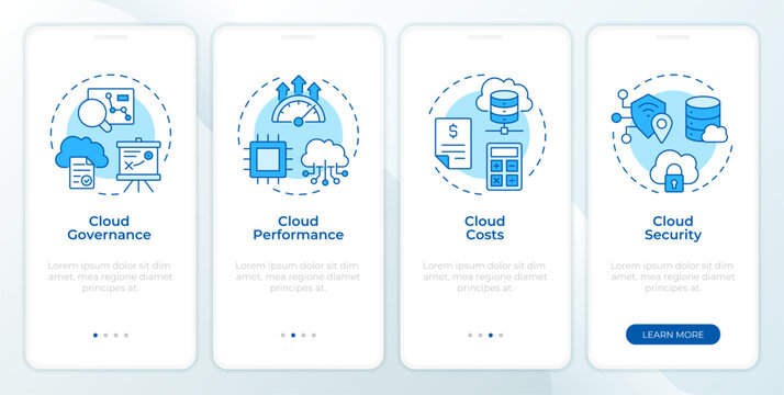 Value of cloud management monochrome blue onboarding mobile app screen. Agile infrastructure frameworks. UI UX walkthrough 4 steps. Editable graphic instructions with linear concepts