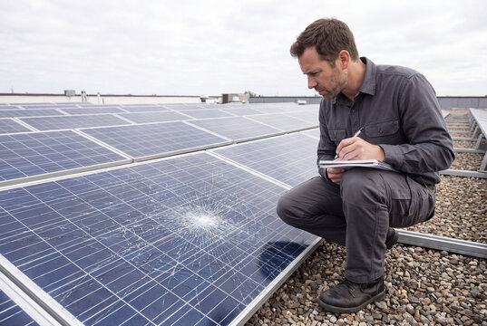 Technician Inspecting and Writing Notes on Broken Cracked Solar Panel on Commercial Rooftop