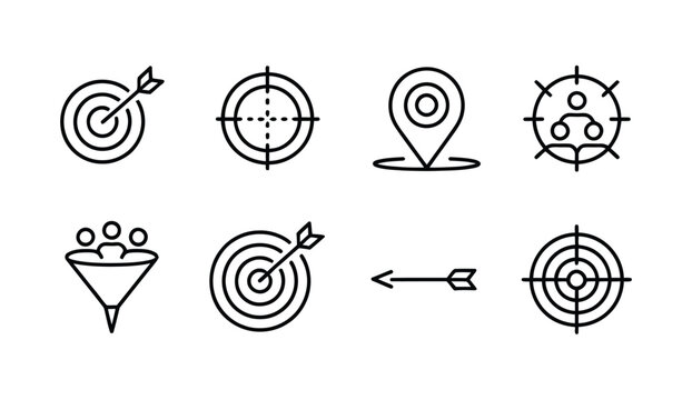 Targeting line icon set, goal focus, marketing segmentation, audience targeting, business strategy, aim symbols, editable stroke vector