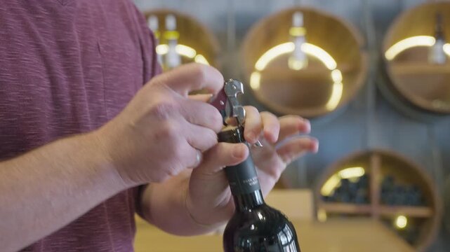 Bartender opening a bottle of wine