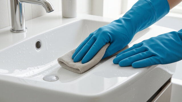Professional cleaner wiping modern bathroom sink