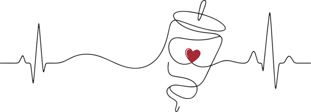 Minimalist Coffee Cup with Heartbeat EKG Line and Red Heart Illustration