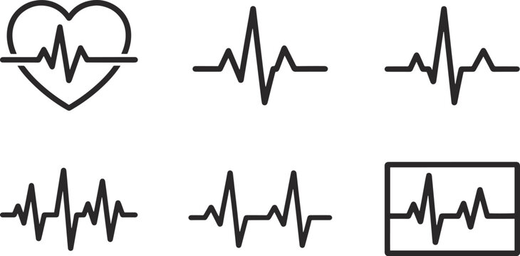 Medical Heartbeat and EKG Pulse Line Icons Grid Set in Black Outline