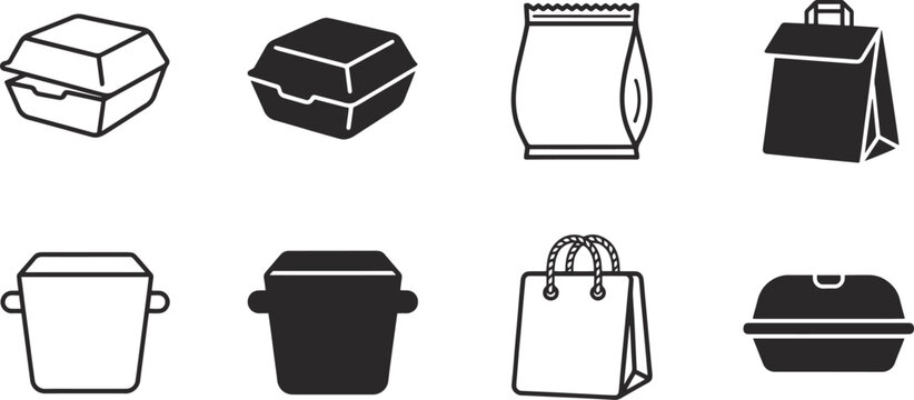 Food Delivery and Takeaway Packaging Icons Set Vector