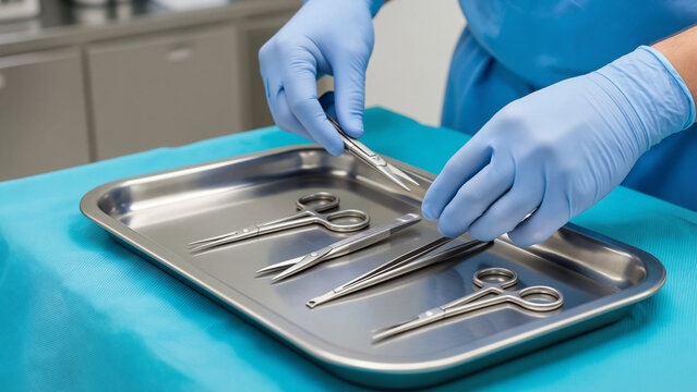Medical professional arranging surgical instruments on sterile tray