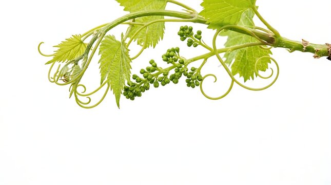 Young grape vine tendrils and nascent fruit clusters with delicate green leaves against a clean white background