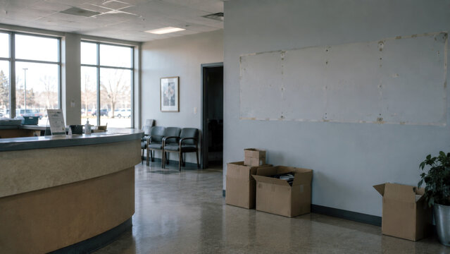 Empty office reception area with moving boxes and marks from removed wall signage, representing business closure, relocation, vacancy, and organizational change