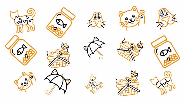 Cute Cat Faces Fish Food Umbrellas and Baskets Animated Pattern Loop