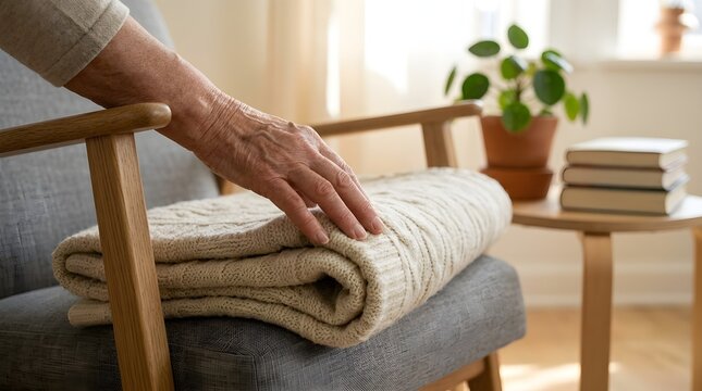 Elderly Person's Hand Gently Arranging a Folded Quilted Blanket on a Comfortable Armchair