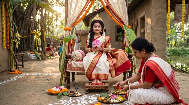 Young girl dressed as kumari devi participating in traditional ritual ceremony