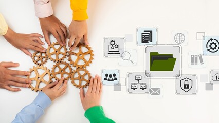 Obraz premium Collaborative Teamwork in Business Environment with Hands and Gears Symbolizing Innovation, Strategy, and Success in Technology and Project Management. Entropy.