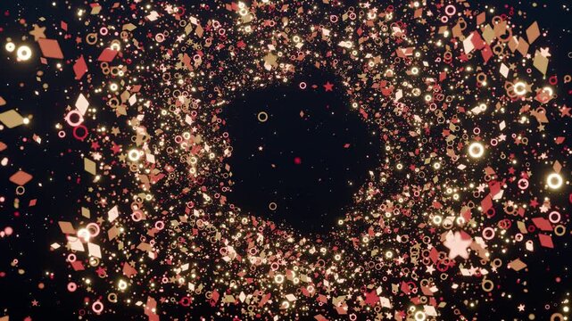 Seamless looping animation of flying through a star shaped particle tunnel filled with festive Christmas icons. Ideal for holiday promos, festive video backdrops, and seasonal celebration graphics.