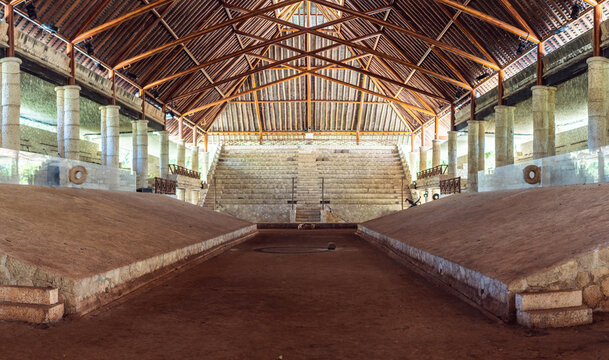 Ancient Mesoamerican ballgame court prepared for traditional Mayan rubber ball game, Mexican history, indigenous culture and sports heritage concept