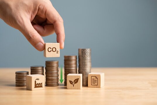 Hand placing a wooden block with CO2 text on a stack of coins to represent carbon emission reduction