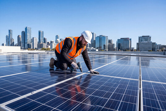 Solar Technician Installing Rooftop Photovoltaic Panels with Cordless Drill in City