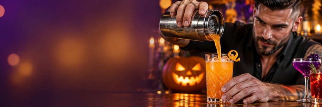 A bartender pours orange cocktail from a shaker into a glass. A carved pumpkin shows a glowing face at Halloween. Halloween cocktail service suits seasonal party promotion.