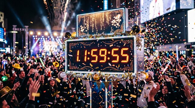 New Year's Eve Countdown: A jubilant crowd gathers in a vibrant city square, their faces alight with anticipation as they watch the final seconds of the year tick away on a giant clock.