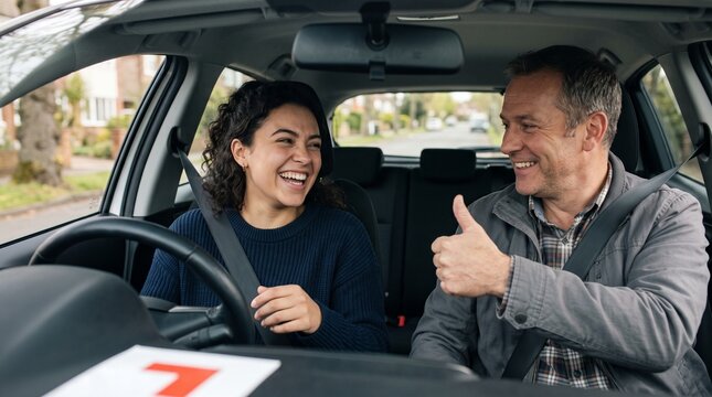 Driving instructor giving thumbs up to happy learner driver in car