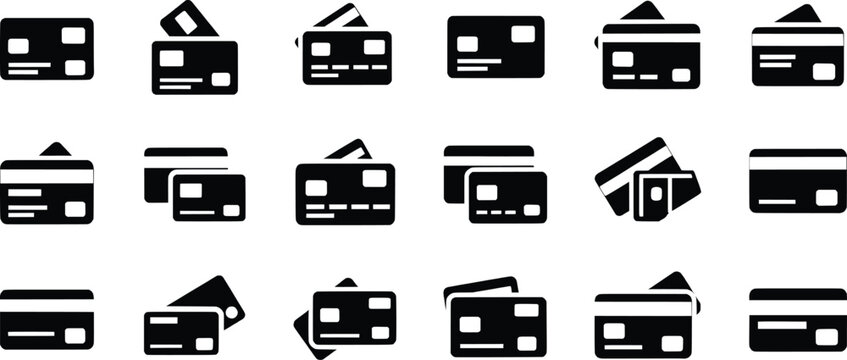 Multiple credit card and payment method vector icons set for financial transactions and banking shows various card arrangements for e-commerce and money systems.