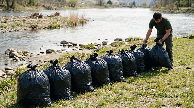 Volunteer collecting garbage in black bags on a river bank