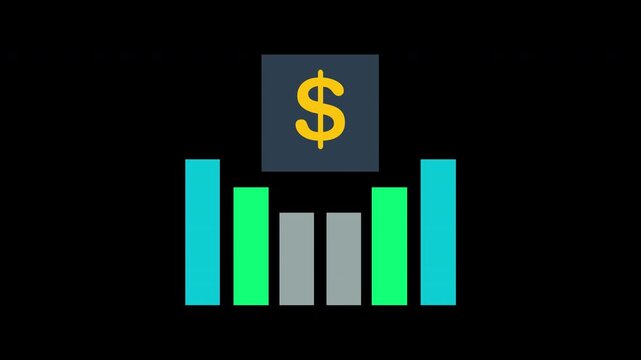 Minimalist graphic animation featuring a rising bar chart icon with a central yellow dollar currency symbol
