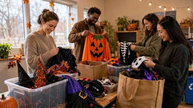 Three women and a man sort Halloween costumes into storage bins after a party. Several masks, hats, boxes, and a tote fill the home table. Postholiday cleanup, reuse, and donation concept.