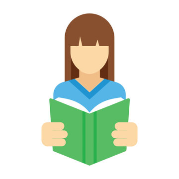 Young Girl Reading a Green Book Icon Simple Flat Design for Education Projects