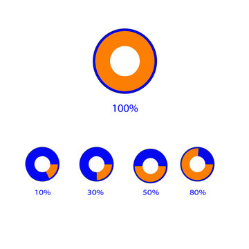 Circular progress bar charts featuring percentage values from ten to one hundred percent rendered in bright orange and deep blue colors against a clean white minimalist background for corporate presen