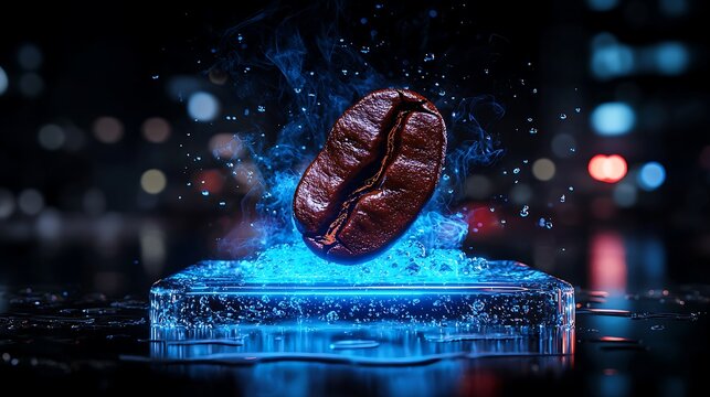 Single coffee bean levitating on blue ice block.