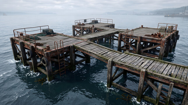 A series of old rusty dock platforms connecting over calm coastal waters on a foggy morning near the industrial harbor