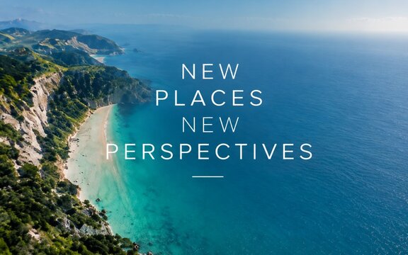 Travel inspiration quote about exploring new places, discovering perspectives, and embracing adventure with a beautiful coastal landscape background.