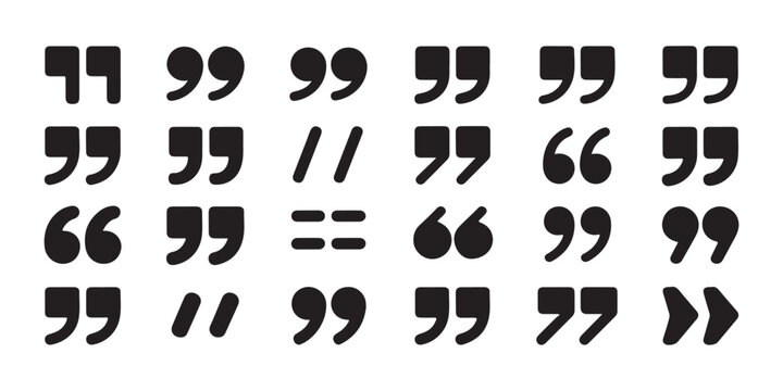 Double quotation marks icons collection featuring diverse typographic styles for quotes and citations design.