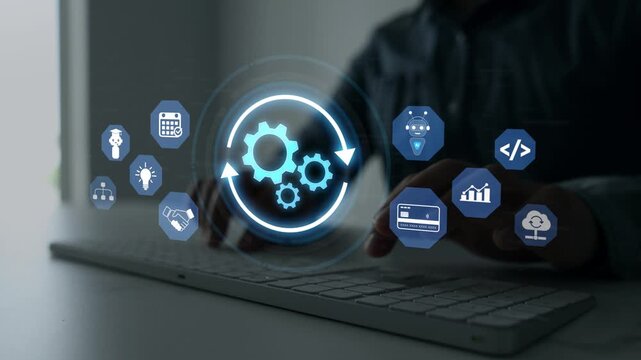 Digital automation concept featuring AI technology, business process management, workflow optimization and intelligent operational solutions.