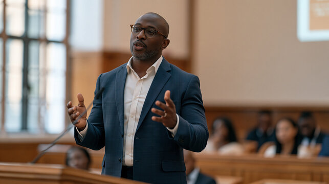 A Nigerian law professor paces the front of a packed moot court classroom gesturing dramatically toward case precedent slides while final-year students debate constitutional